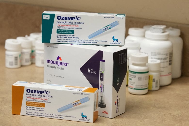 Boxes of Ozempic and Mounjaro, semaglutide and tirzepatide injection drugs used for treating type 2 diabetes and made by Novo Nordisk and Lilly.