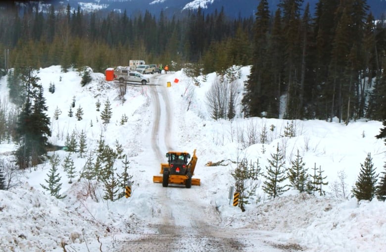 A yellow piece of heavy equipment moves along a road through forest and snow towards work trucks in the distance in this file photo from 2020. 