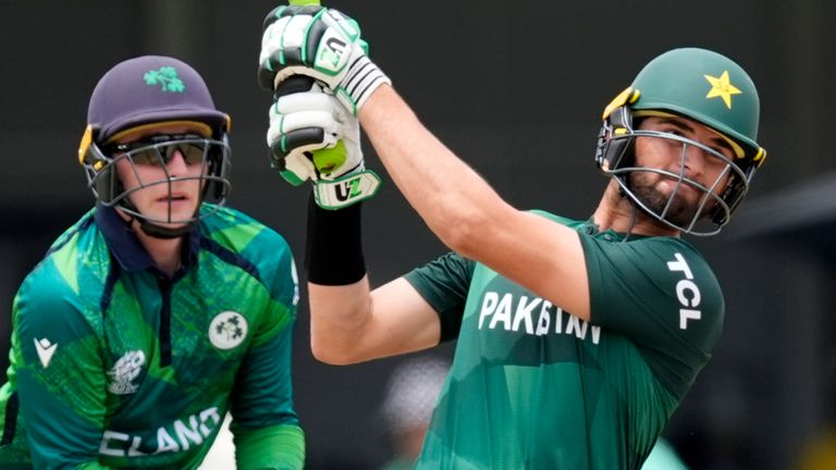 Pakistan's Shaheen Shah Afridi plays a shot against Ireland (Associated Press)