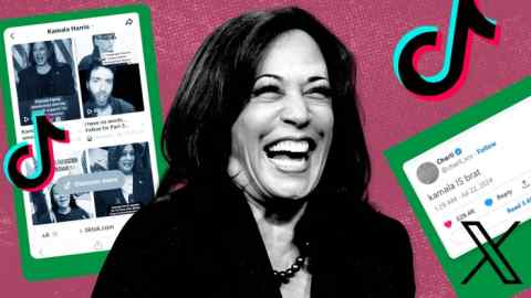 A montage of Kamala Harris and the logo of TikTok with various social posts in the background