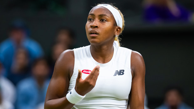 Coco Gauff reacts during her fourth-round loss to Emma Navarro.