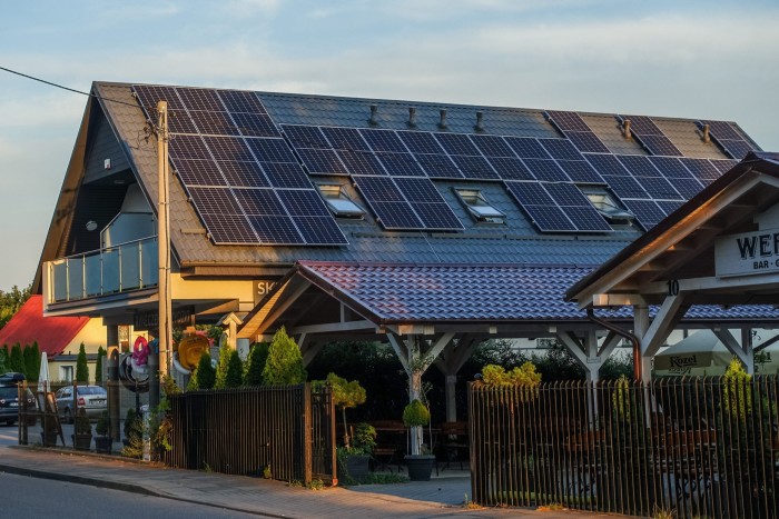 Solar panels on a rooftop in Wdzydze Kiszewskie, Poland