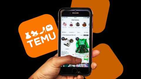 The Temu app on a smartphone with the Temu logo in the background