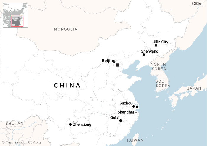 Map showing locations of Jilin City, Shanghai, Suzhou, Zhenxiong and Guixi in China