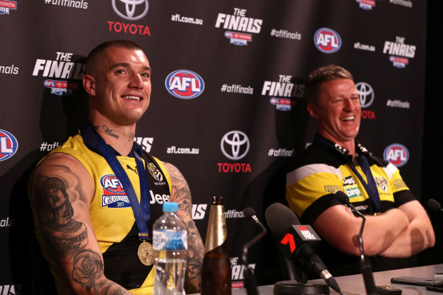 Martin and Hardwick celebrate their 2017 grand final win.