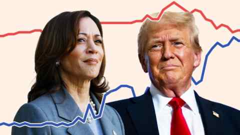 Montage of Kamala Harris, Donald Trump and chart lines