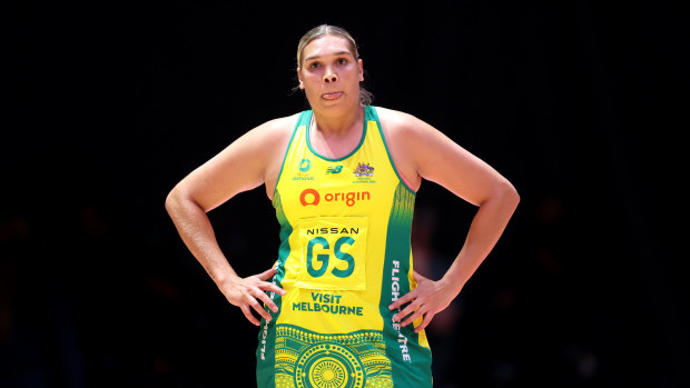 Donnell Wallam of Australia reacts during the Vitality Netball Nations Cup match between Australia Origin Diamonds and Uganda She Cranes at First Direct Arena on January 27, 2024 in Leeds, England. (Photo by George Wood/Getty Images)