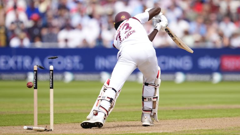 England v West Indies - Rothesay Men's Test Match Third Test Day One - Edgbaston
West Indies' Kirk McKenzie is dismissed by England's Mark Wood during day one of the Third Rothesay Test match at Edgbaston, Birmingham. Picture date: Friday July 26, 2024.