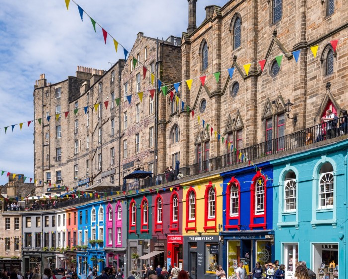 Colourful facades on 18th-century buildings on Edinburgh’s Victoria Street