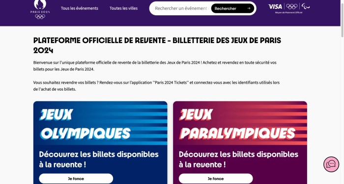 Screenshot of Paris 2024 resale website