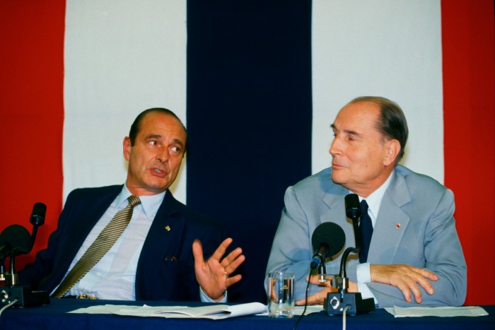 Jacques Chirac, left, and François Mitterrand at the EU summit in The Hague in 1986