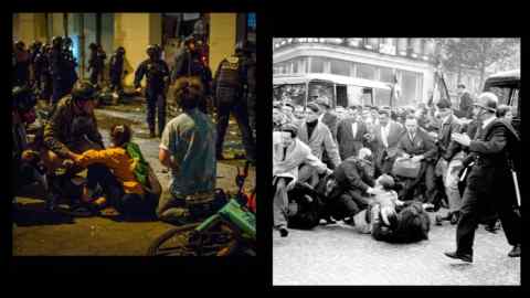 Left, a heavy police presence in Paris after unrest following election results on 7 July. Right, protesters march towards the National Assembly in May 1958 to oppose any softening in French policy towards breakaway Algeria