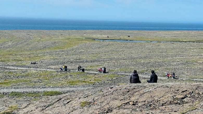 People sit on a hill with water in the background and tundra all around. 