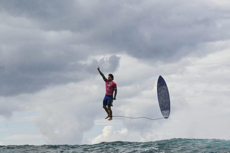 Brazil’s Gabriel Medina celebrates highest Olympic surfing score in style