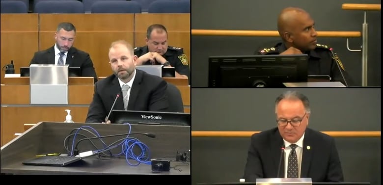 Det. Sgt. Mike Mavity (left) updates the Peel Police Service Board on the status of his investigation into the April 2023 Toronto airport gold heist. Investigators now concede that the gold was smuggled out of Canada — likely to India or Dubai — shortly after the robbery. 