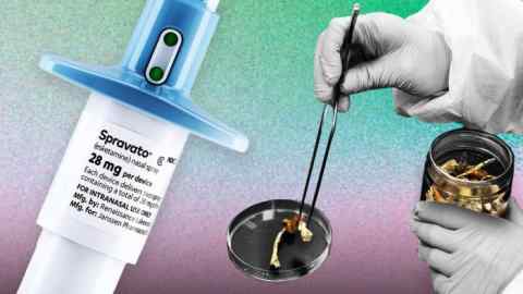 A montage of SPRAVATO, a nasal spray based on a molecule from the psychedelic drug ketamine, and a laboratory researcher removes a Psilocybe mushroom from a container