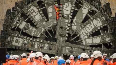 Members of the engineering team behind HS2’s longest tunnel celebrate after the boring machine broke through on February 27, 2024 in Great Missenden