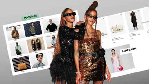 Two women in cocktail dresses stand in front of web pages for fashion etailers