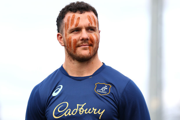 Dylan Pietsch of the Wallabies after having his face painted by First Nations advisor Dean Duncan.