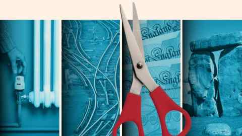 A montage of a pair of scissors in front of images of a home heater, rail tracks, pound notes and Stonehenge