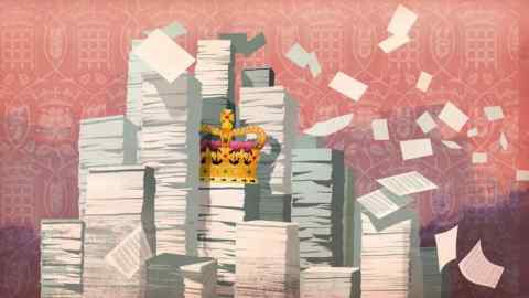 Illustration of piles of documents with King Charles’s crown balanced on top of one of the piles, against a background of pink wallpaper with a royal insignia design