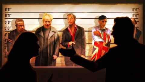 Illustration of Michael Gove,, Boris Johnson, Nigel Farage and Rishi Sunak in a police line-up