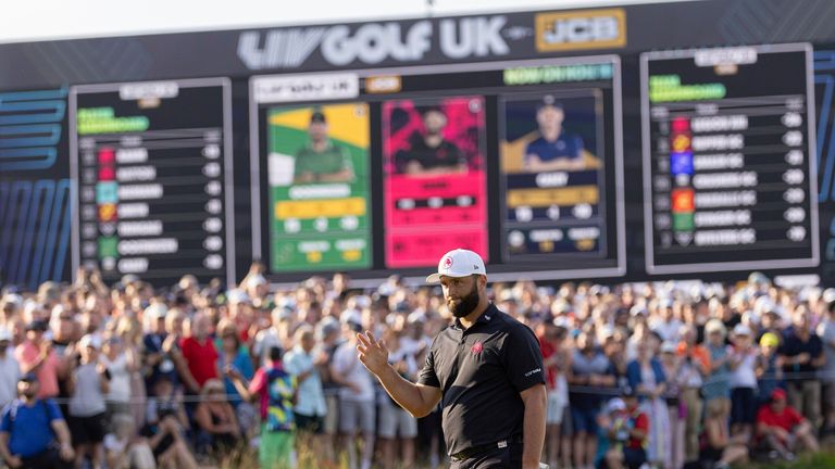 Captain Jon Rahm of Legion XIII waves to the crowd after putting out on the 18th green during the final round of LIV Golf United Kingdom by JCB at JCB Golf & Country Club on Sunday, July 28, 2024 in Rocester, England. (Photo by Chris Trotman/LIV Golf via AP)