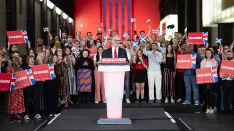 Leader of the Labour Party, Sir Keir Starmer, gives a victory speech at the Tate Modern in London