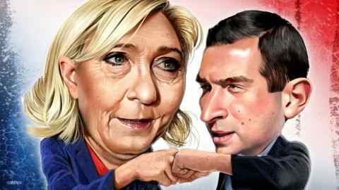Joe Cummings illustration of Persons in the News Marine Le Pen and Jordan Bardella.