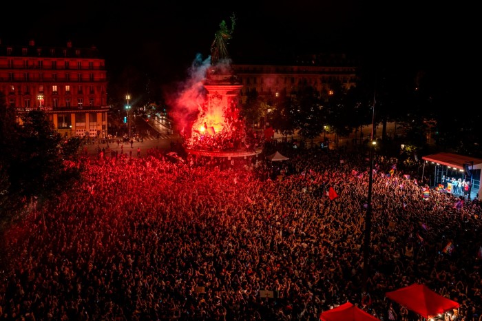 People gather at Republique to protest against the far-right which came out strongly ahead in first round legislative elections