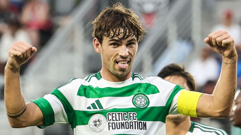 WASHINGTON, D.C., USA - JULY 20: Celtic&#39;s Matt O&#39;Riley celebrates after scoring to make it 1-0 during a pre-season friendly match between DC United and Celtic at the Audi Field, on July 20, 2024, in Washington, D.C., USA.  (Photo by Ross MacDonald / SNS Group)