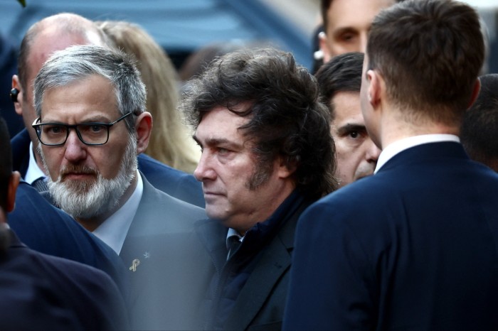 Argentina’s President Javier Milei, centre, attends a ceremony to mark the 30th anniversary of the AMIA Jewish community centre bombing in Buenos Aires on July 18