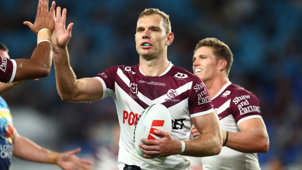 Tom Trbojevic celebrates a try during the round seven NRL match between the Gold Coast Titans and the Manly Sea Eagles.