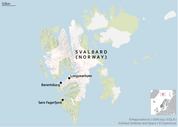 Map of Svalbard showing Longyearbyen, the Russian settlement of Barentsburg, and Søre Fagerfjord 