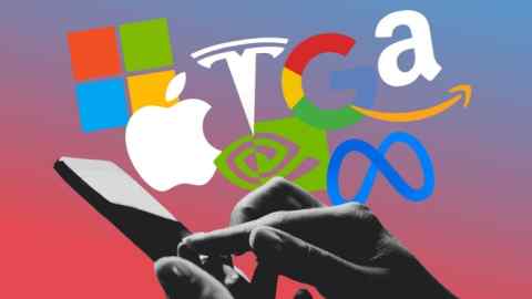 An illustration of the logos of the Magnificent Seven tech companies and a hand using a mobile phone