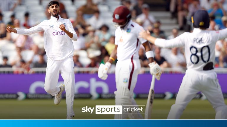 England&#39;s Shoaib Bashir celebrates after taking the wicket of West Indies&#39;s Kavem Hodge during day four of the Second Rothesay Test match at Trent Bridge, Nottingham. Picture date: Sunday July 21, 2024.