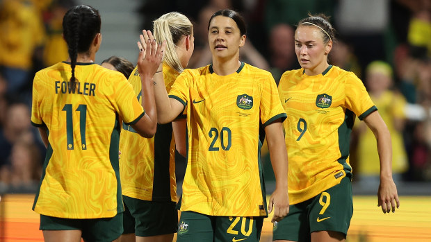 Samantha Kerr of Australia celebrates a goal during the AFC Women's Asian Olympic qualifier match between Australia and Chinese Taipei.