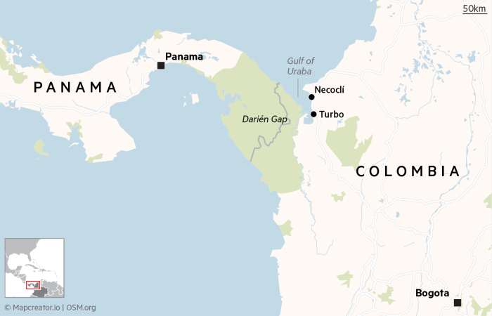 Map showing the Darien Gap in Panama and Colombia, as well as the locations of Necoclí and Turbo in Colombia