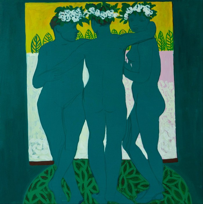 Art work featuring three women hugging. They have white flowers in their hair and are standing in front of a square frame