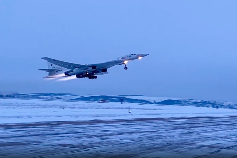 In this handout photo released by Russian Defense Ministry Press Service on Tuesday, Jan. 17, 2023, a Tu-160 strategic bomber of the Russian air force is seen on patrol flight. Tu-160s have flown as part of a patrol mission over the Arctic Ocean.