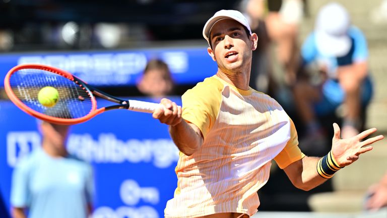 Portugal's Nuno Borges returns the ball to Spain's Rafael Nadal during the singles final of the Nordea Open tennis tournament in Bastad, Sweden, Sunday, July 21, 2024. (Bjoern Larsson Rosvall/TT News Agency via AP)