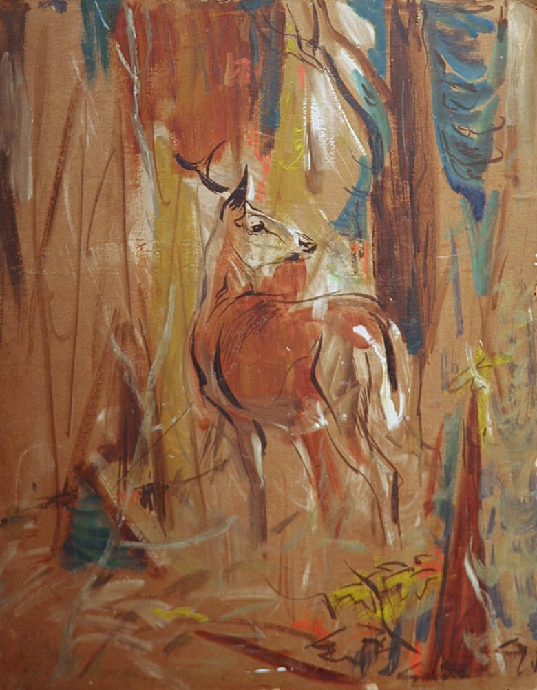 A painting of a deer in pastels where the light brown deer blends into the similarly coloured woods.