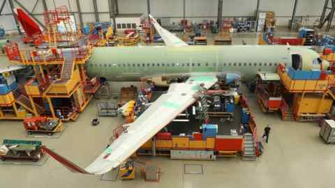 A partially finished A320 passenger plane at Airbus’s factory in Hamburg, Germany.