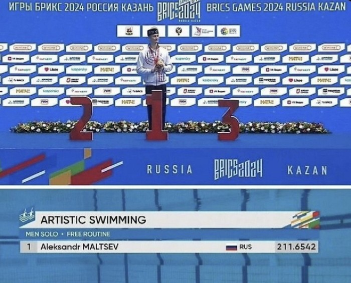 Russian swimmer Alexandr Maltsev stands alone on a podium 