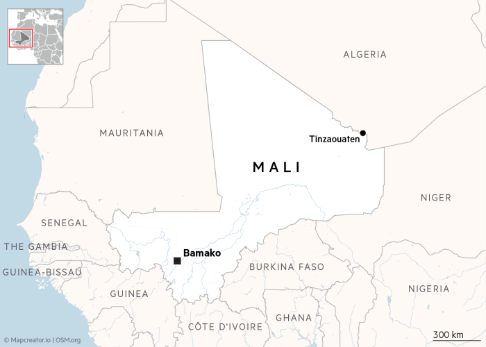 Showing the location in Mali of a big fight between Wager and Tuareg rebels and Wagner mercenaries around the town of Tinzaouaten 