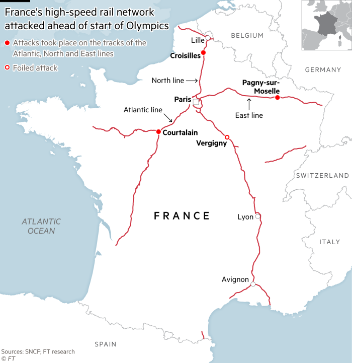 Map showing attacks that took place on France’s high speed rail network ahead of start of Olympics. Attacks took place on the tracks of theAtlantic, North and East lines in Courtalain, Croisilles and Pagny-sur-Moselle, and a fourth attack was foiled in Vergigny.