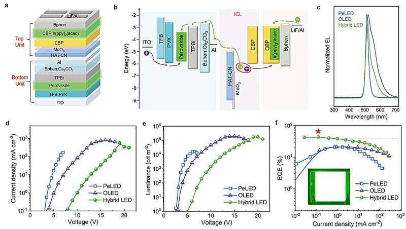 Efficient and stable hybrid perovskite-organic light-emitting diodes with external quantum efficiency exceeding 40 per cent