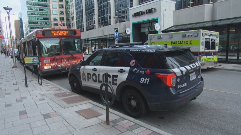 A blue and white police vehicle parked next to a city bus on a downtown street.