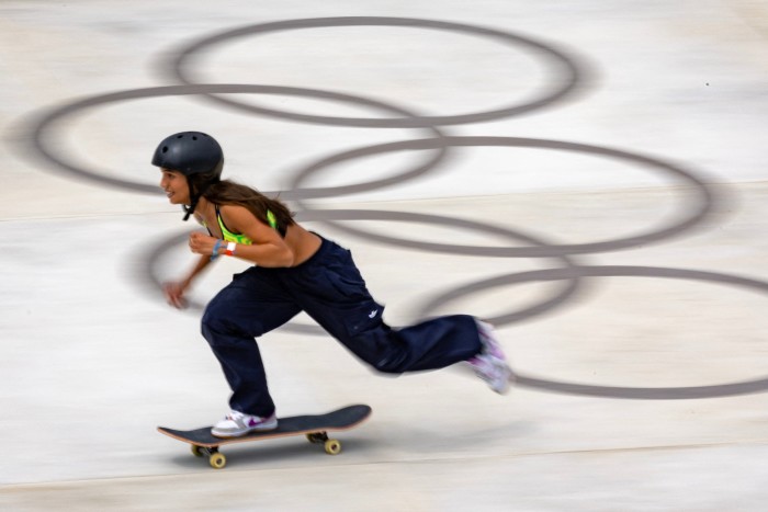 Brazilian skateboarder Rayssa Leal, who has attracted top name sponsors, practices ahead of the Paris games 