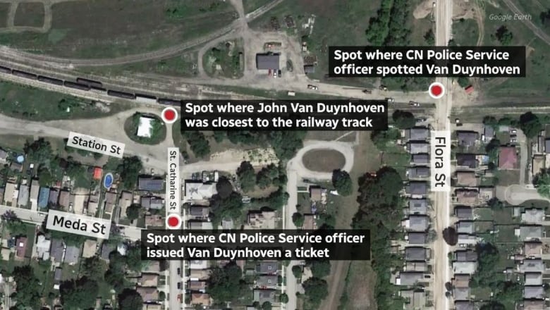 This map shows where Van Duynhoven was when he was spotted by a CN officer and where, moments later, he was issued a $615 ticket.